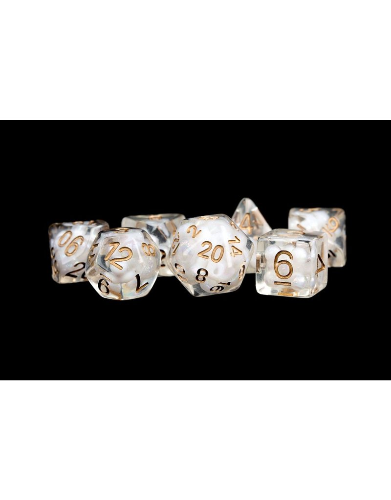 Metallic Dice Games MDG Dice 7-Set Pearl Clear with Copper Numbers