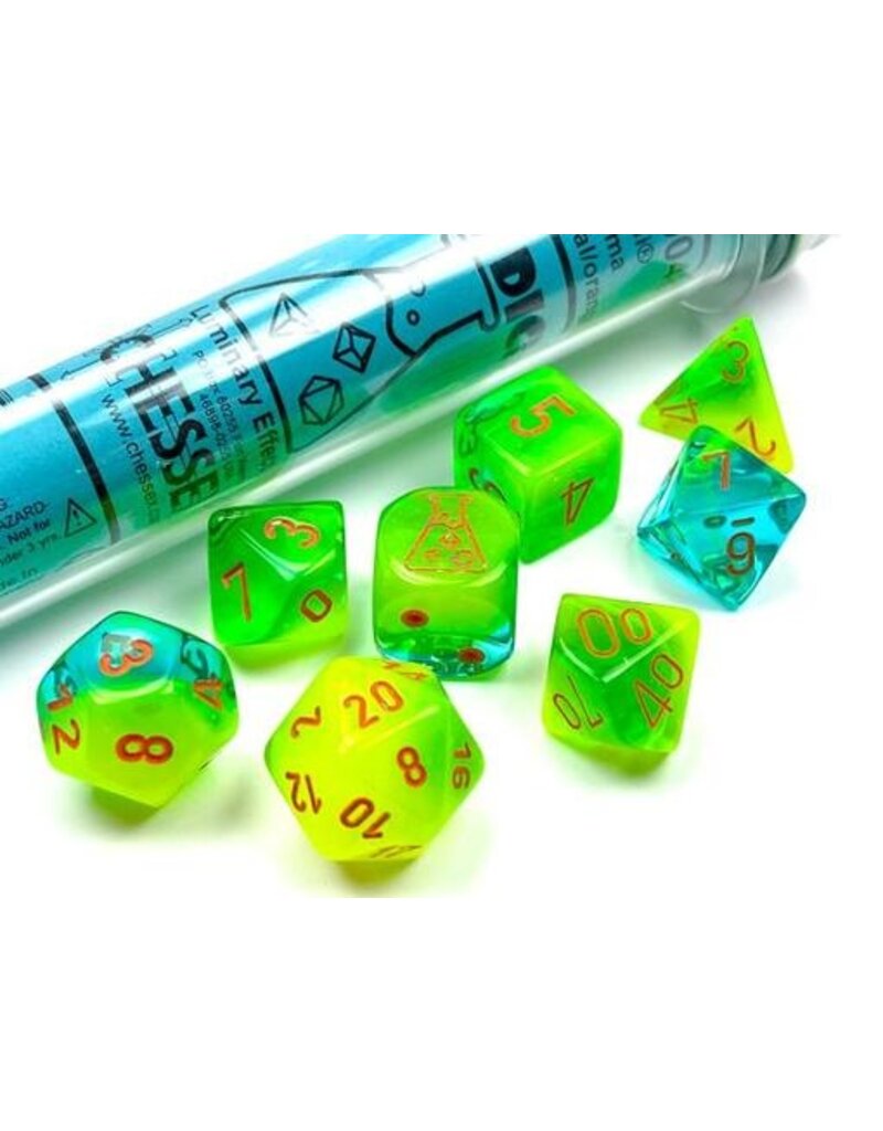 Chessex Chessex Lab Dice 7-set Tube - Gemini Plasma Green-Teal w/ Orange Numbers