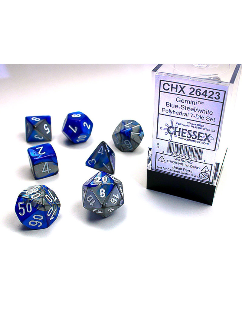 Chessex Chessex 7-Set Dice Cube Gemini Blue and Silver with White