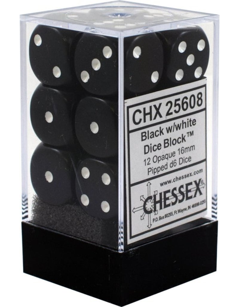 Chessex Chessex d6 Dice Cube 16mm Opaque Black with White (12)