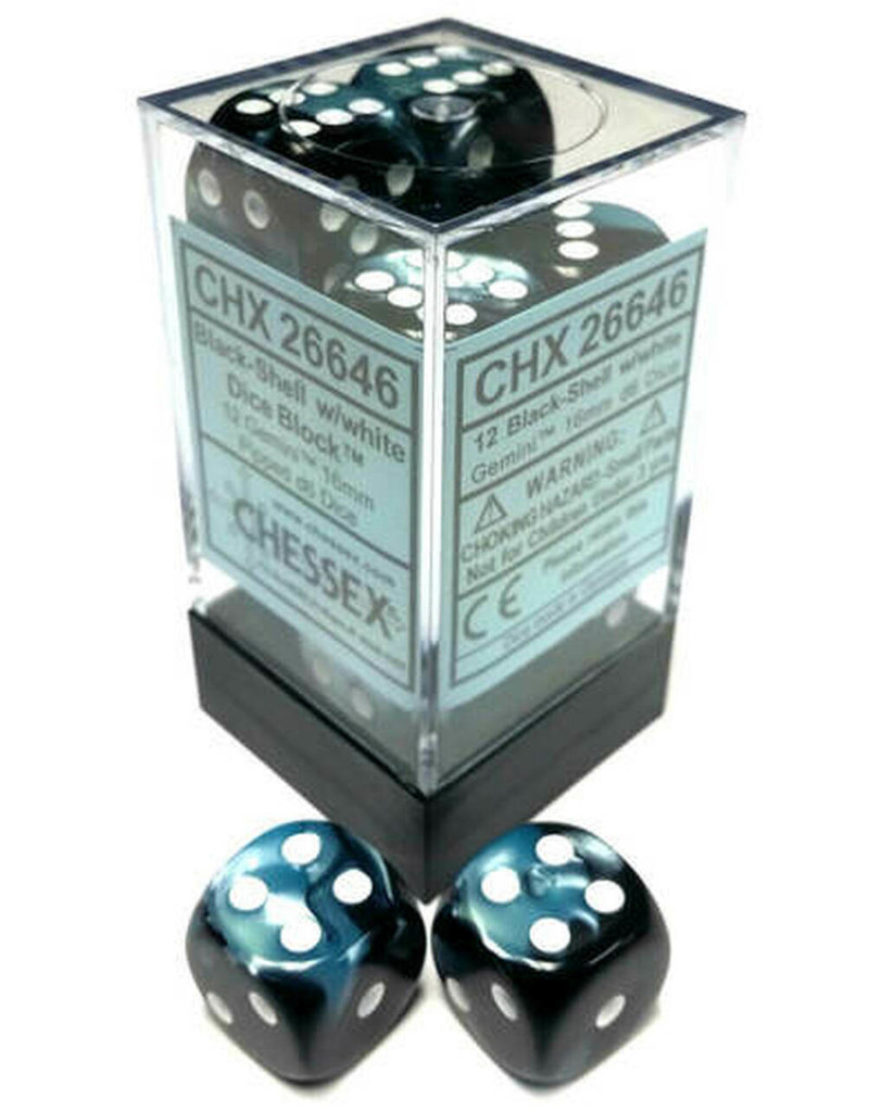 Chessex Chessex d6 Dice Cube 16mm Gemini Black and Shell with White (12)