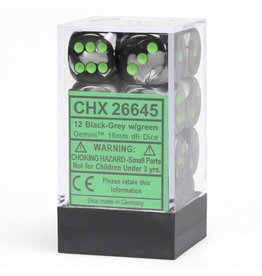 Chessex Chessex d6 Dice Cube 16mm Gemini Black and Grey with Green (12)