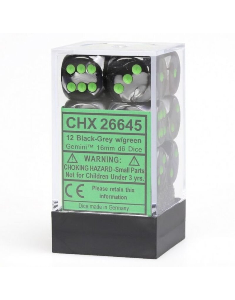 Chessex Chessex d6 Dice Cube 16mm Gemini Black and Grey with Green (12)