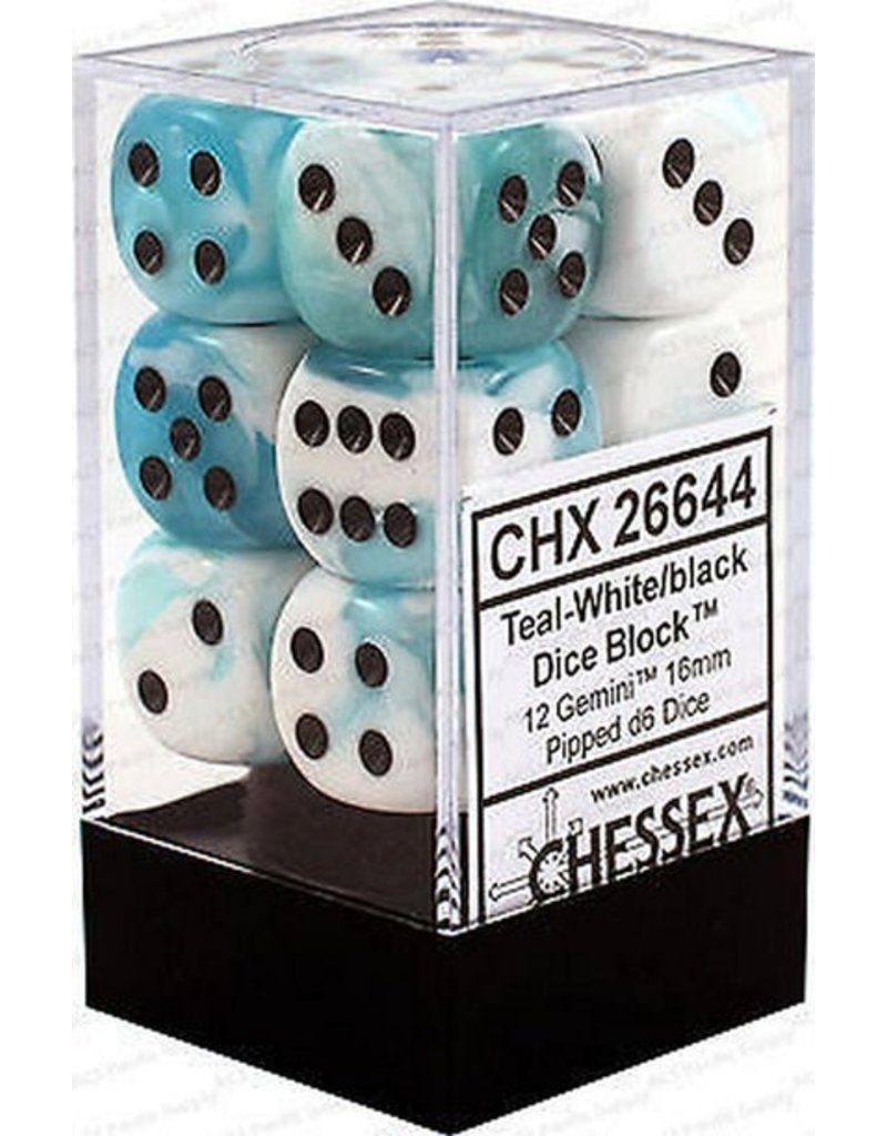 Chessex Chessex d6 Dice Cube 16mm Gemini White and Teal with Black (12)