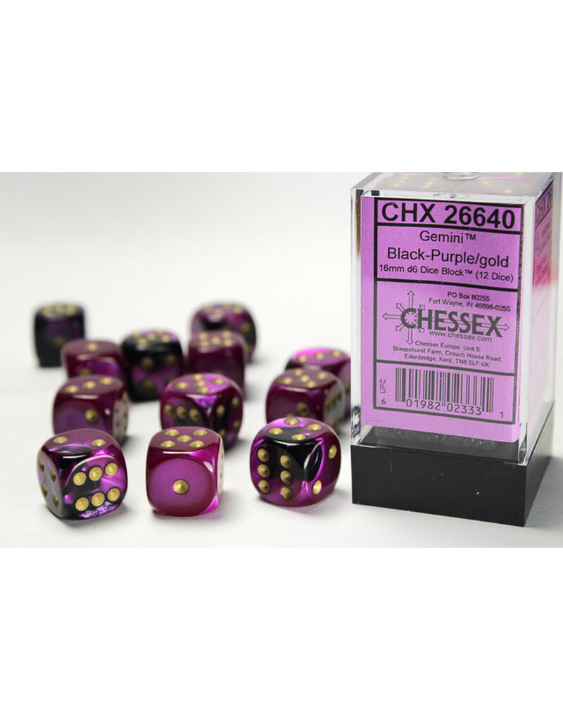 Chessex Chessex d6 Dice Cube 16mm Gemini Black and Purple with Gold (12)