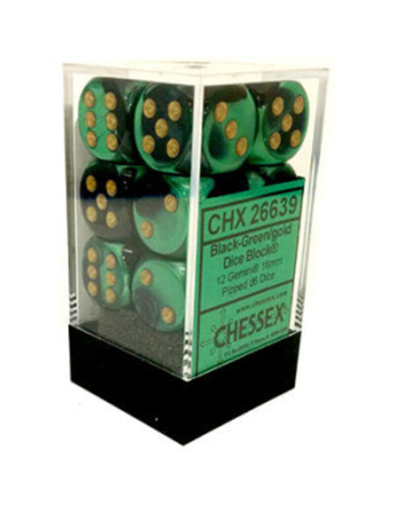 Chessex Chessex d6 Dice Cube 16mm Gemini Black and Green with Gold (12)