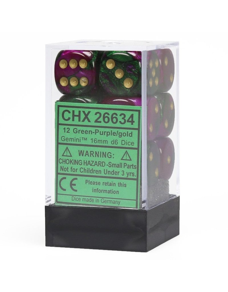 Chessex Chessex d6 Dice Cube 16mm Gemini Green and Purple with Gold (12)