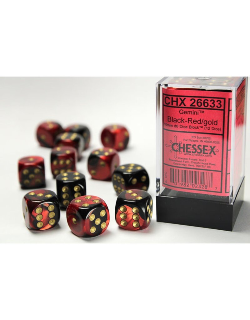 Chessex Chessex d6 Dice Cube 16mm Gemini Black and Red with Gold (12)