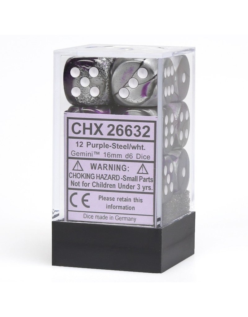 Chessex Chessex d6 Dice Cube 16mm Gemini Purple and Steel with White (12)