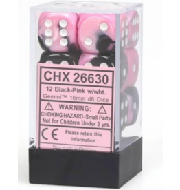 Chessex Chessex d6 Dice Cube 16mm Gemini Black and Pink with White (12)