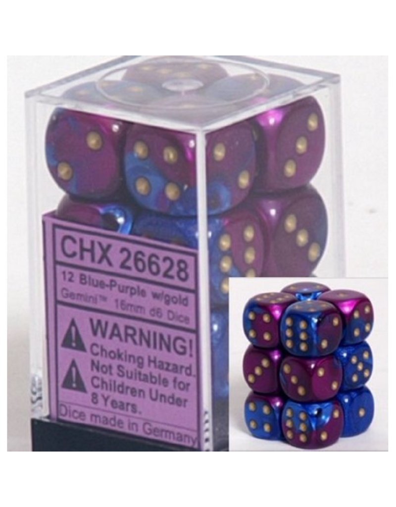 Chessex Chessex d6 Dice Cube 16mm Gemini Blue and Purple with Gold (12)