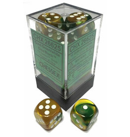 Chessex Chessex d6 Dice Cube 16mm Gemini Gold and Green with White (12)
