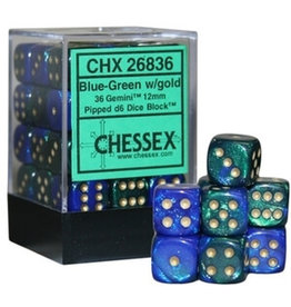 Chessex Chessex d6 Dice Cube 12mm Gemini Blue and Green with Gold (36)