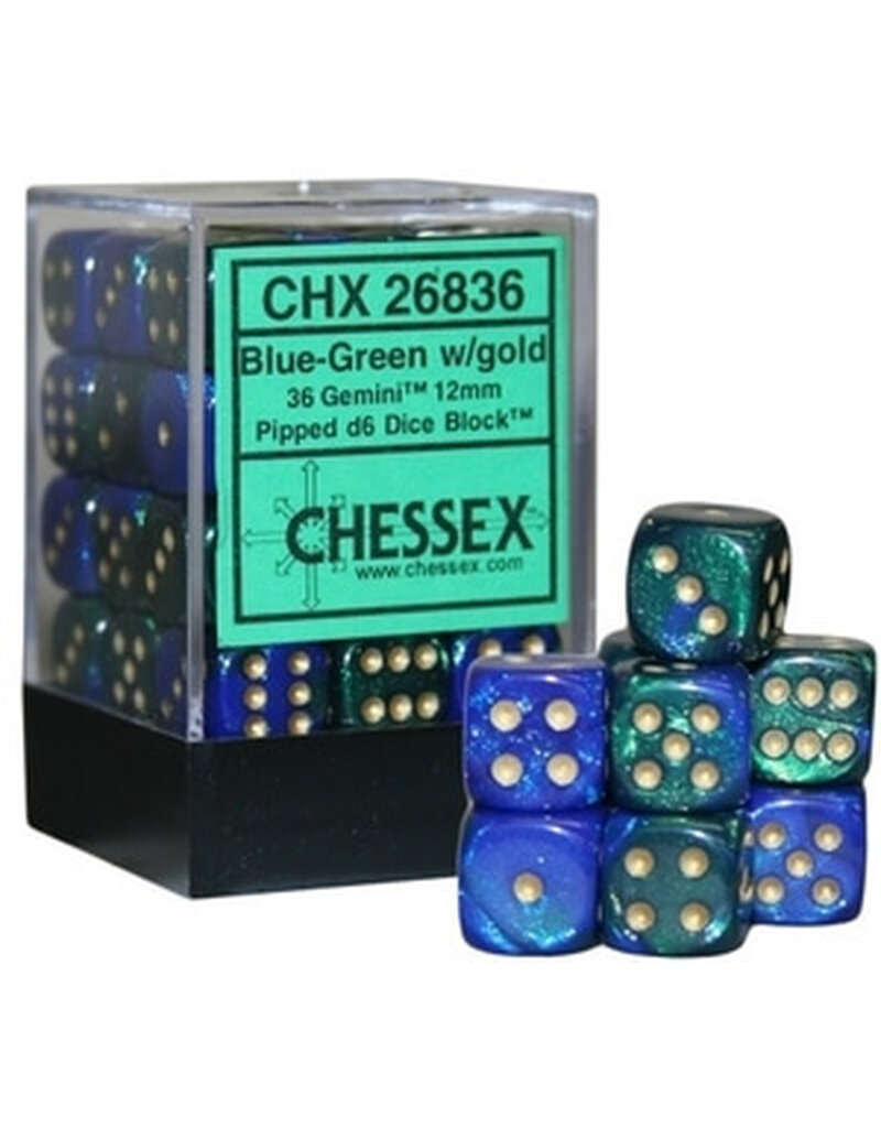 Chessex Chessex d6 Dice Cube 12mm Gemini Blue and Green with Gold (36)