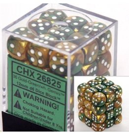 Chessex Chessex d6 Dice Cube 12mm Gemini Gold and Green with White (36)