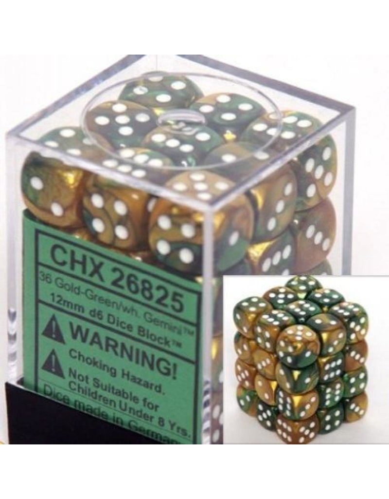 Chessex Chessex d6 Dice Cube 12mm Gemini Gold and Green with White (36)