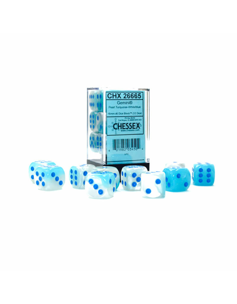 Chessex Chessex d6 Dice Cube 16mm Gemini Luminary Pearl Turquoise-White with Blue (12)