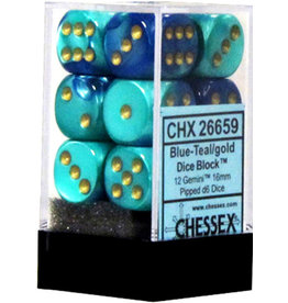 Chessex Chessex d6 Dice Cube 16mm Gemini Blue and Teal with Gold (12)