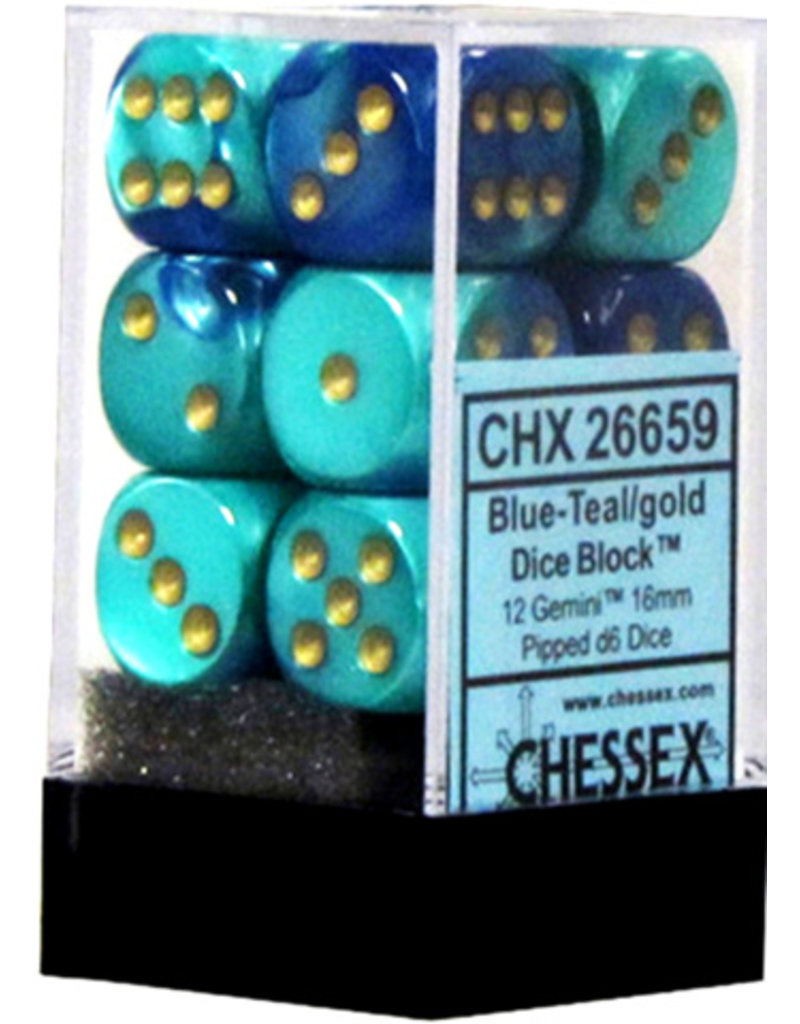 Chessex Chessex d6 Dice Cube 16mm Gemini Blue and Teal with Gold (12)