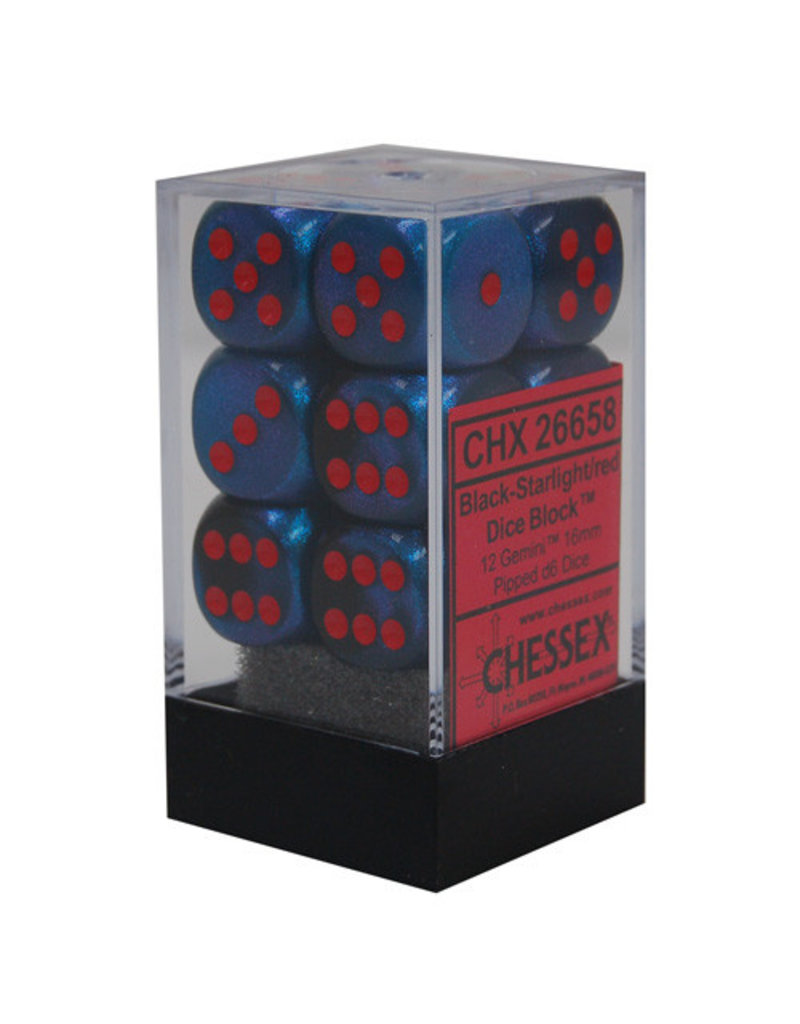 Chessex Chessex d6 Dice Cube 16mm Gemini Black Starlight and Red (12)