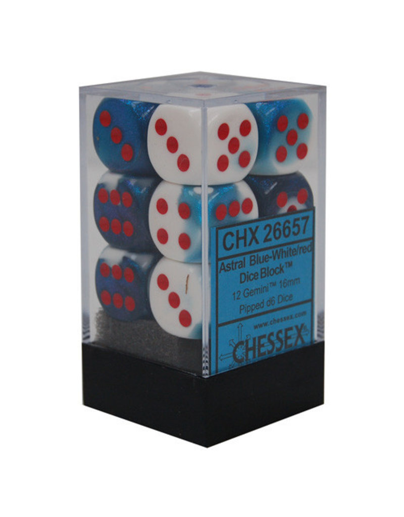 Chessex Chessex d6 Dice Cube 16mm Gemini Astral Blue and White with Red (12)