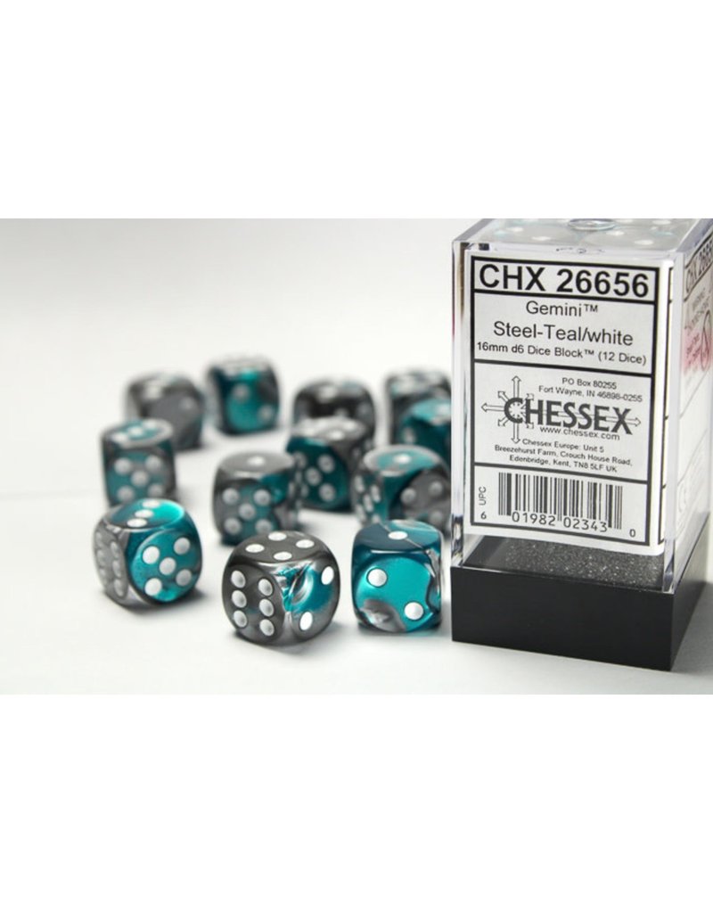 Chessex Chessex d6 Dice Cube 16mm Gemini Steel and Teal with White (12)