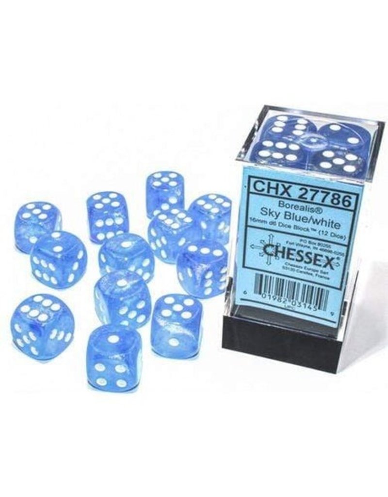 Chessex Chessex d6 Dice Cube 16mm Borealis Luminary Sky Blue with White (12)