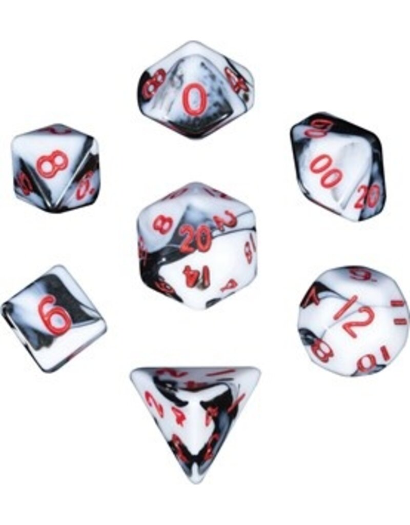 Metallic Dice Games Mini 7-set Dice - Marble with Red Numbers