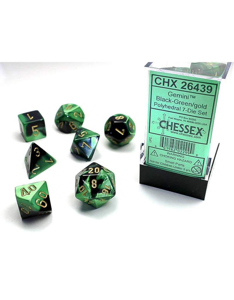 Chessex Chessex 7-Set Dice Cube Gemini Black and Green with Gold