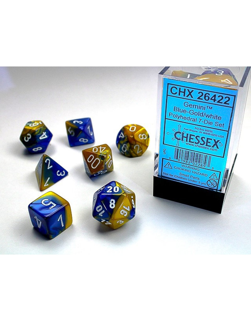 Chessex Chessex 7-Set Dice Cube Gemini Blue and Gold with White