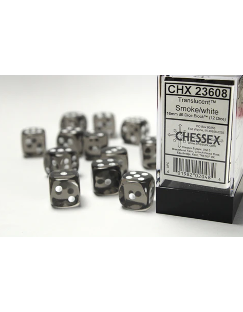 Chessex Chessex d6 Dice Cube 16mm Translucent Smoke with White (12)