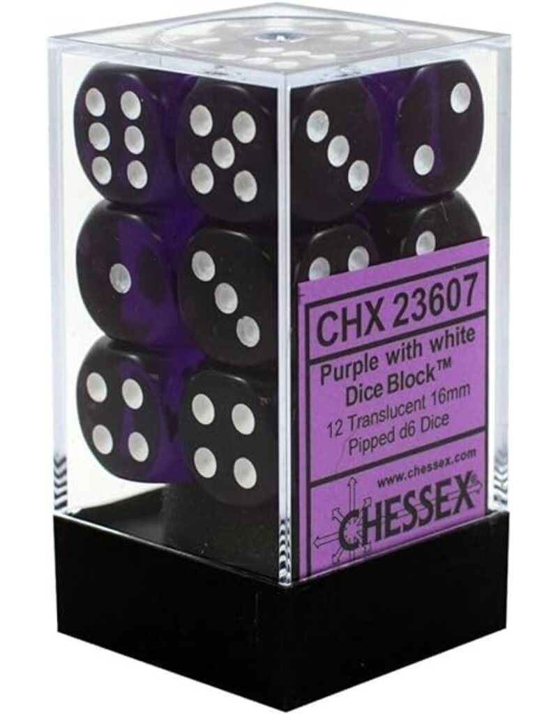 Chessex Chessex d6 Dice Cube 16mm Translucent Purple with White (12)