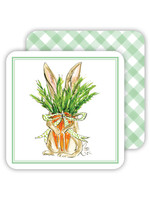 Rosanne Beck Collections Square Coaster - Handpainted Bunny Holding Carrots/Mint Gingham Pattern