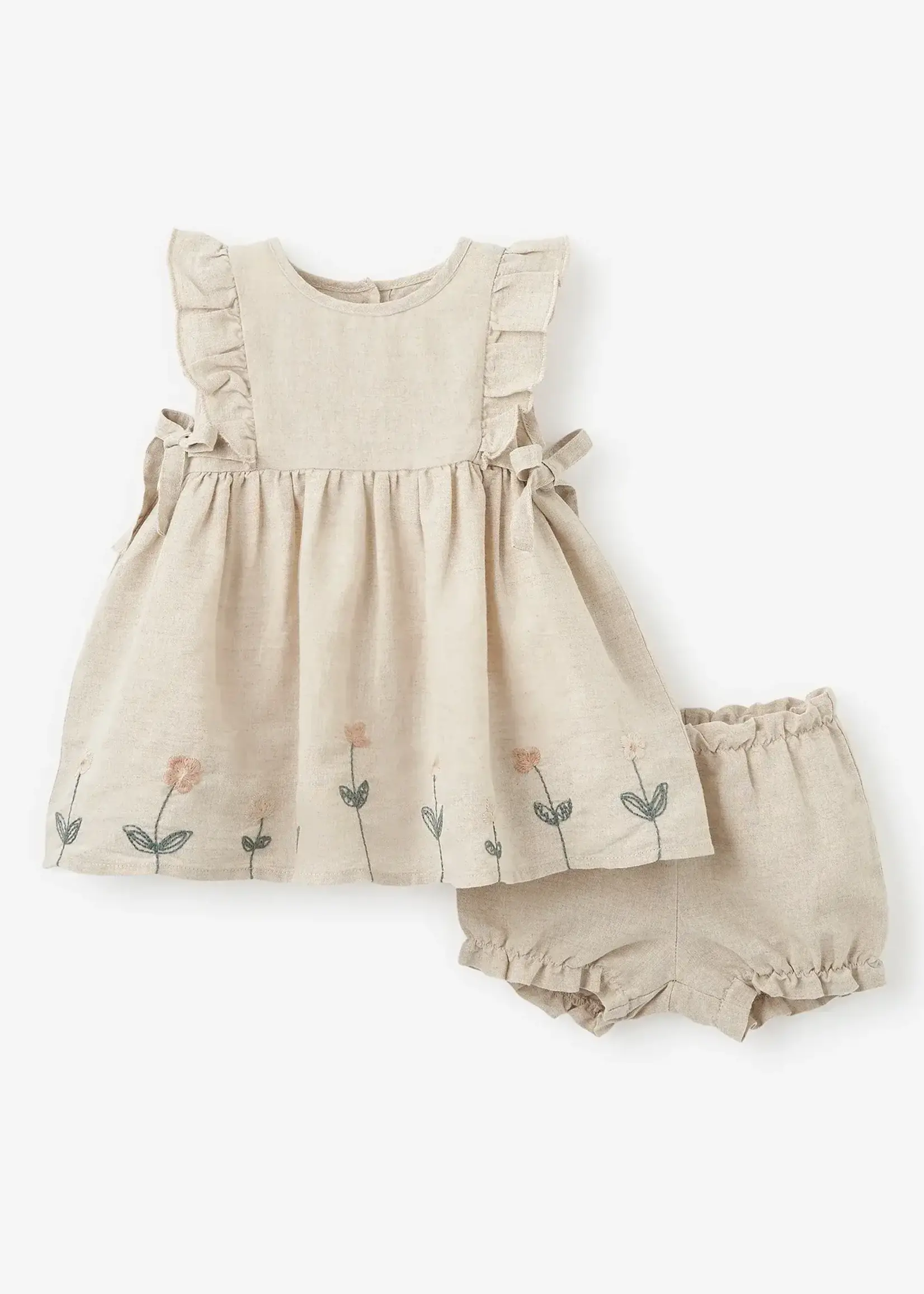 Elegant Baby Natural Linen Dress w/ Floral Embroidered 3-6month96424
