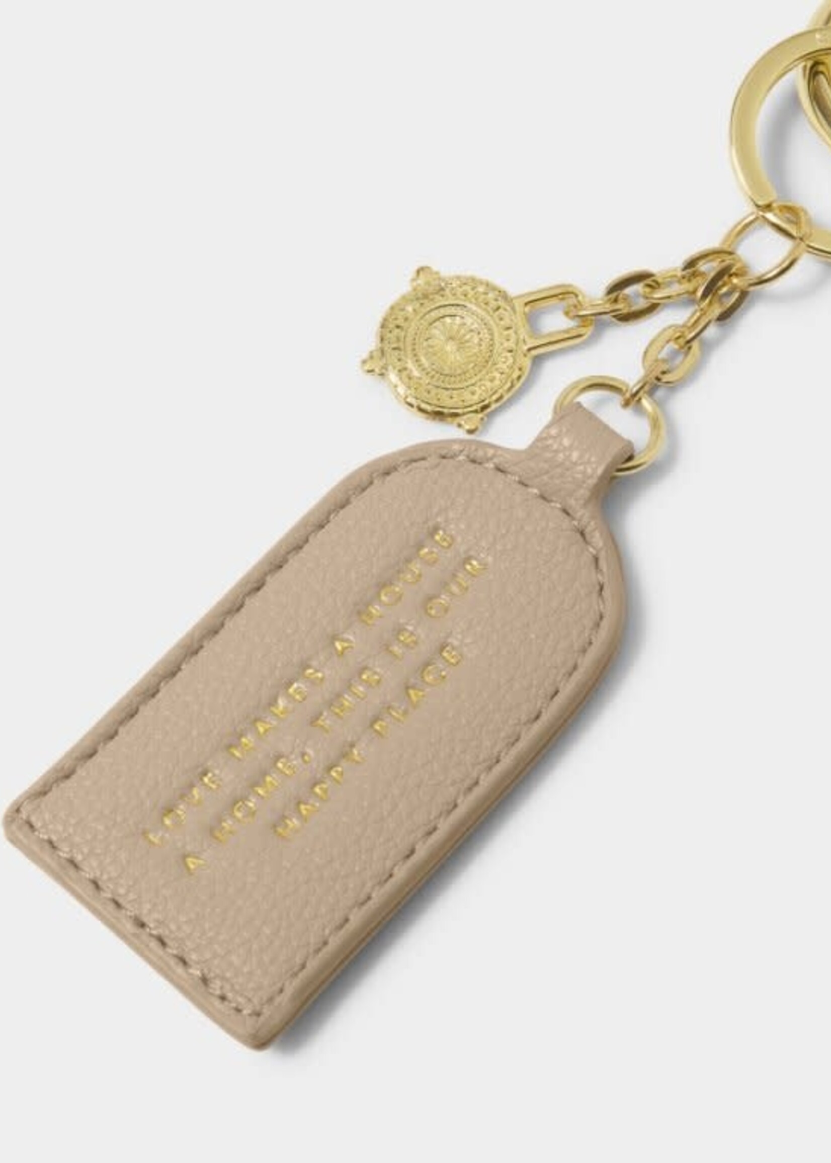 Katie Loxton Keepsake Charm Keychain| 'Love Makes A House A Home, This Is Our Happy Place'| Light Taupe