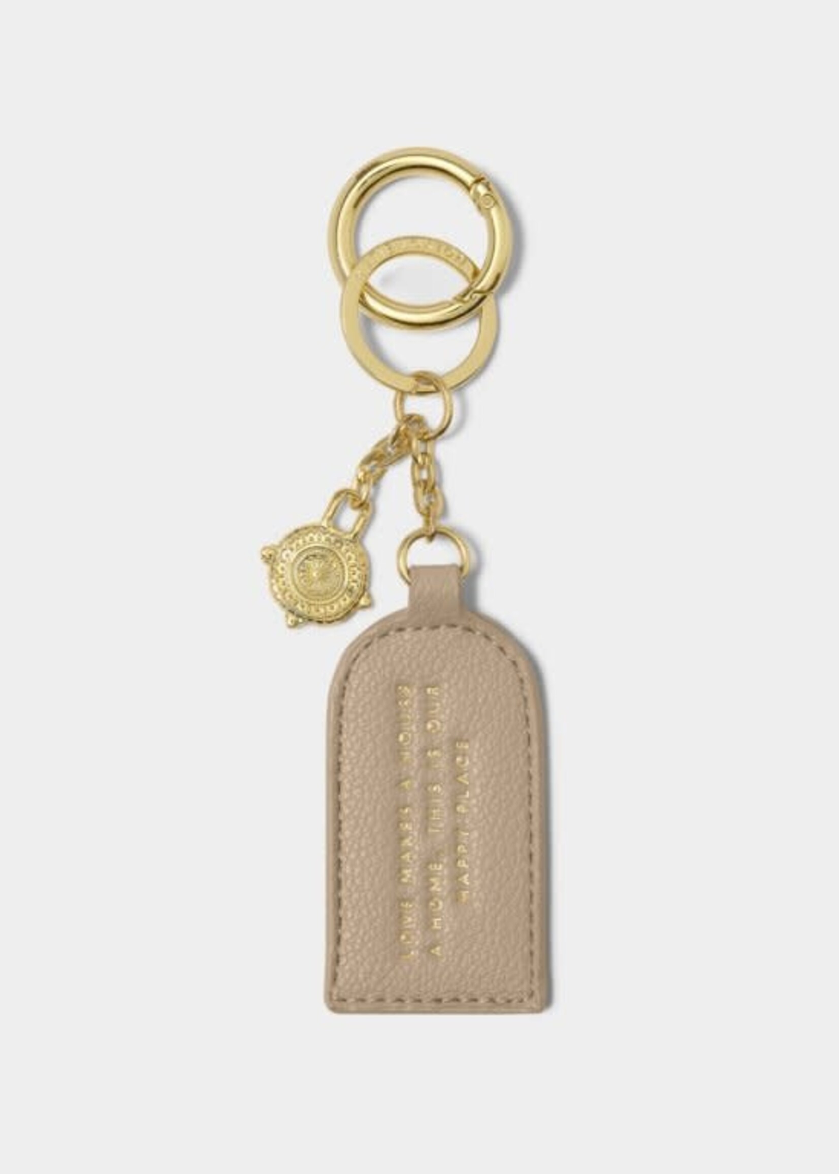 Katie Loxton Keepsake Charm Keychain| 'Love Makes A House A Home, This Is Our Happy Place'| Light Taupe