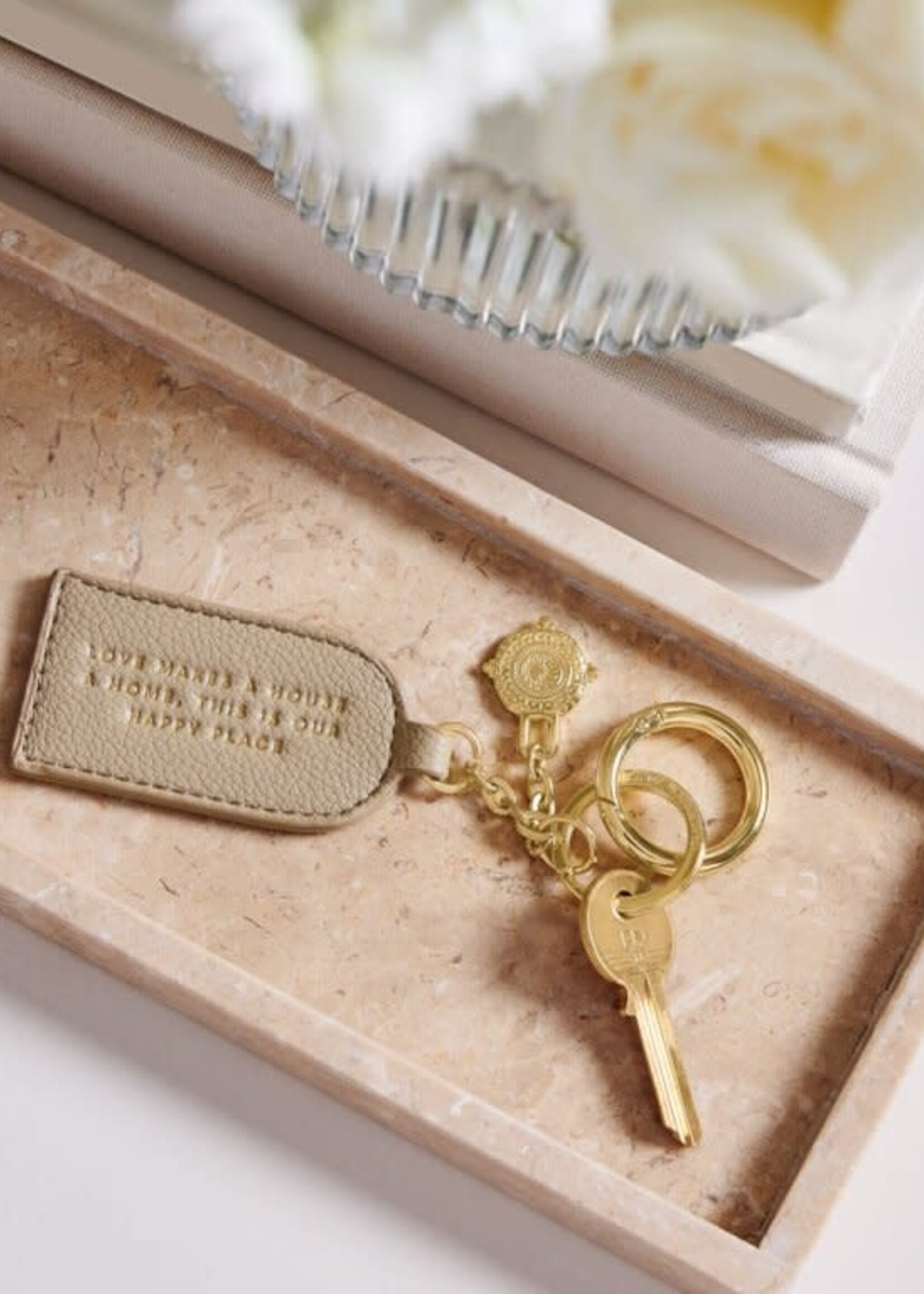 Katie Loxton Keepsake Charm Keychain| 'Love Makes A House A Home, This Is Our Happy Place'| Light Taupe