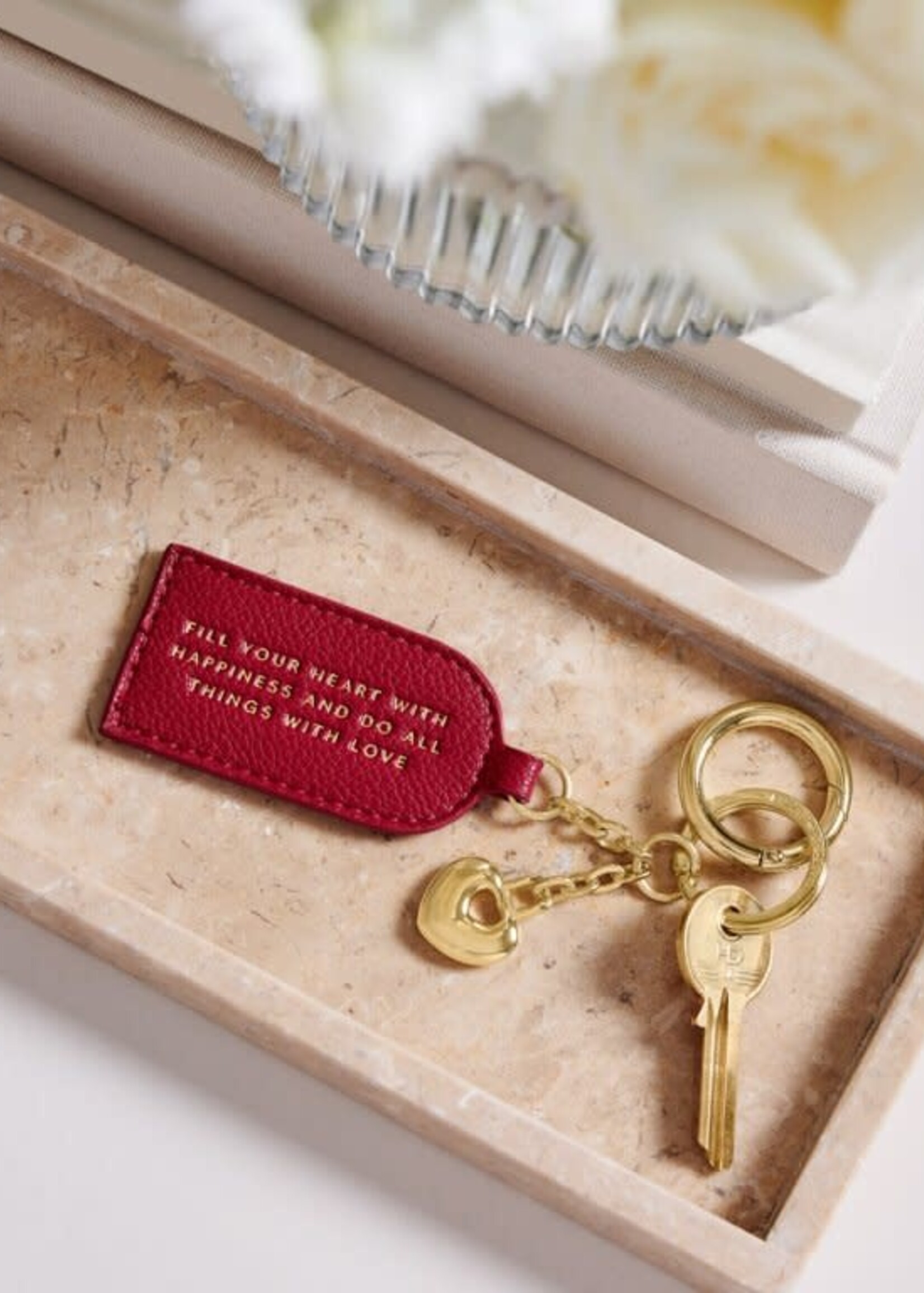 Katie Loxton Keepsake Charm Keychain| 'Fill Your Heart With Happiness And Do All Things With Love'| Garnet Red