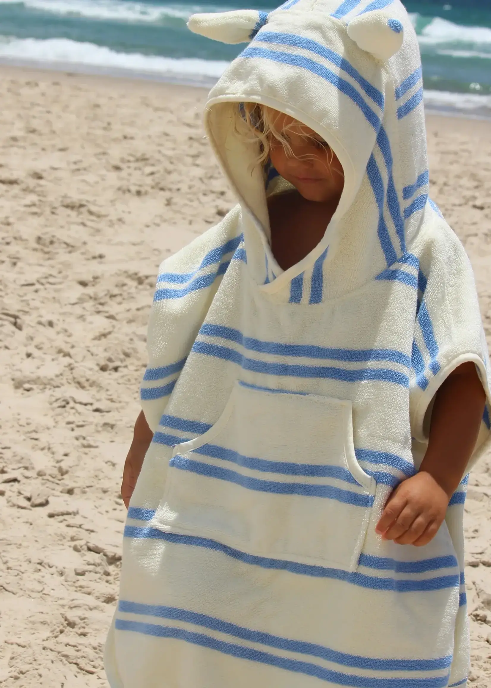 Sunnylife S51KHTBL Kids Character Hooded Towel Sid the Seagull Blue Stripe