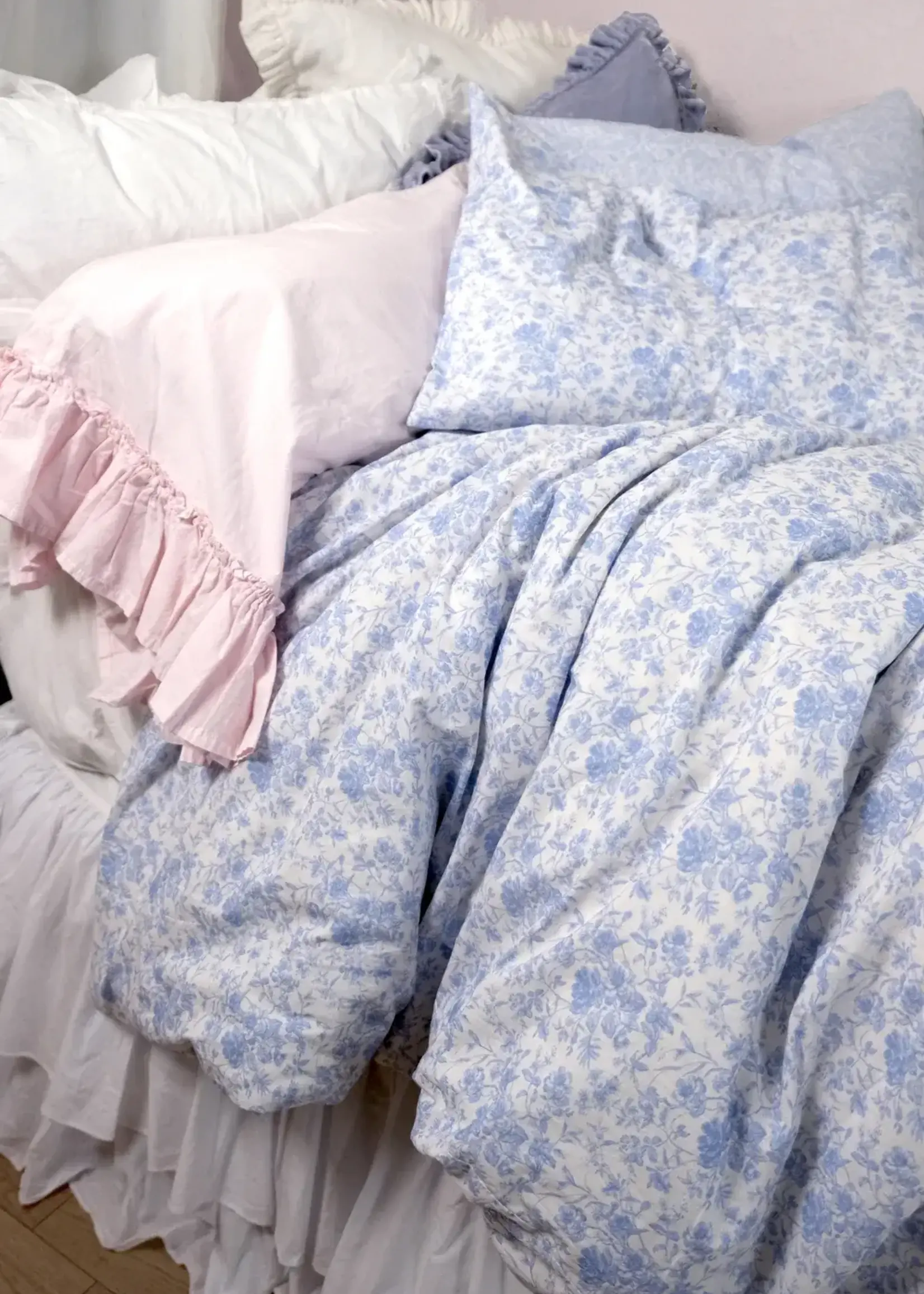 Linen Salvage CUSTOM- FRNCH TOILE- DBL-RFL- CHMBVOILE-PC  STD  FRENCH TOILE DOUBLE RUFFLE VOILE PILLOW CASE
