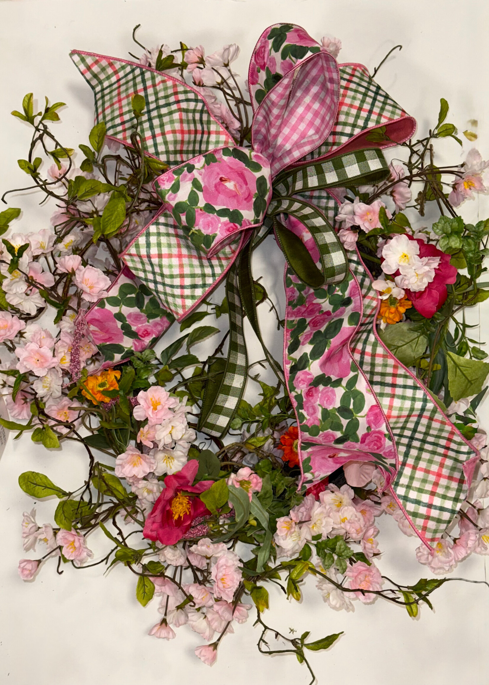 Pink & Green Floral Wreath w/ Bow