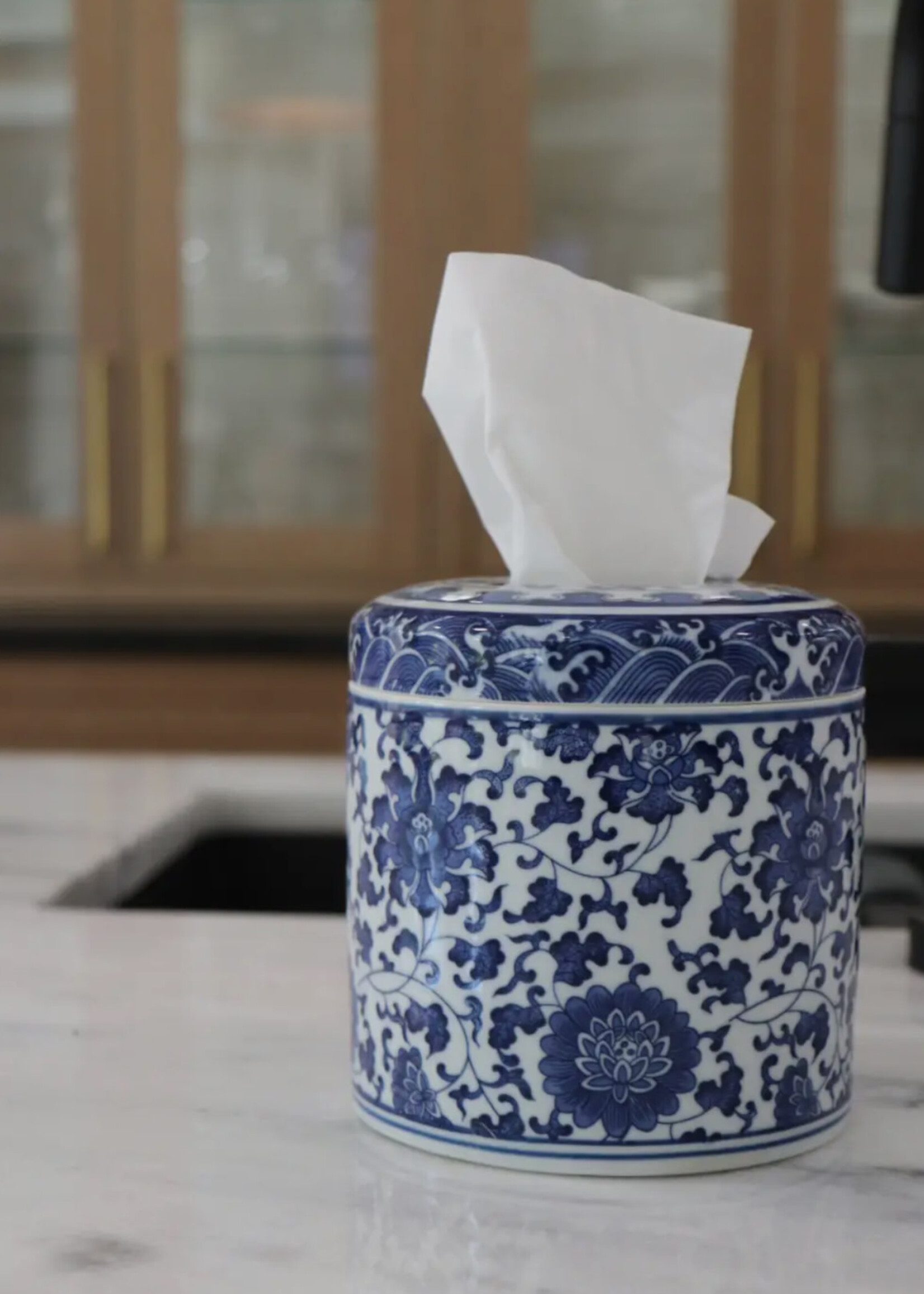 House of Happy The Marlo Blue White Floral Tissue Vessel