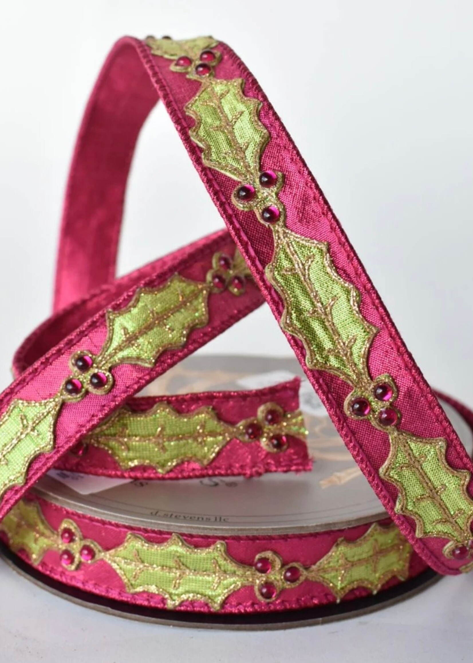 Farrisilk JOLLY HOLLY RIBBON - HOT PINK - 1.5"X10YD