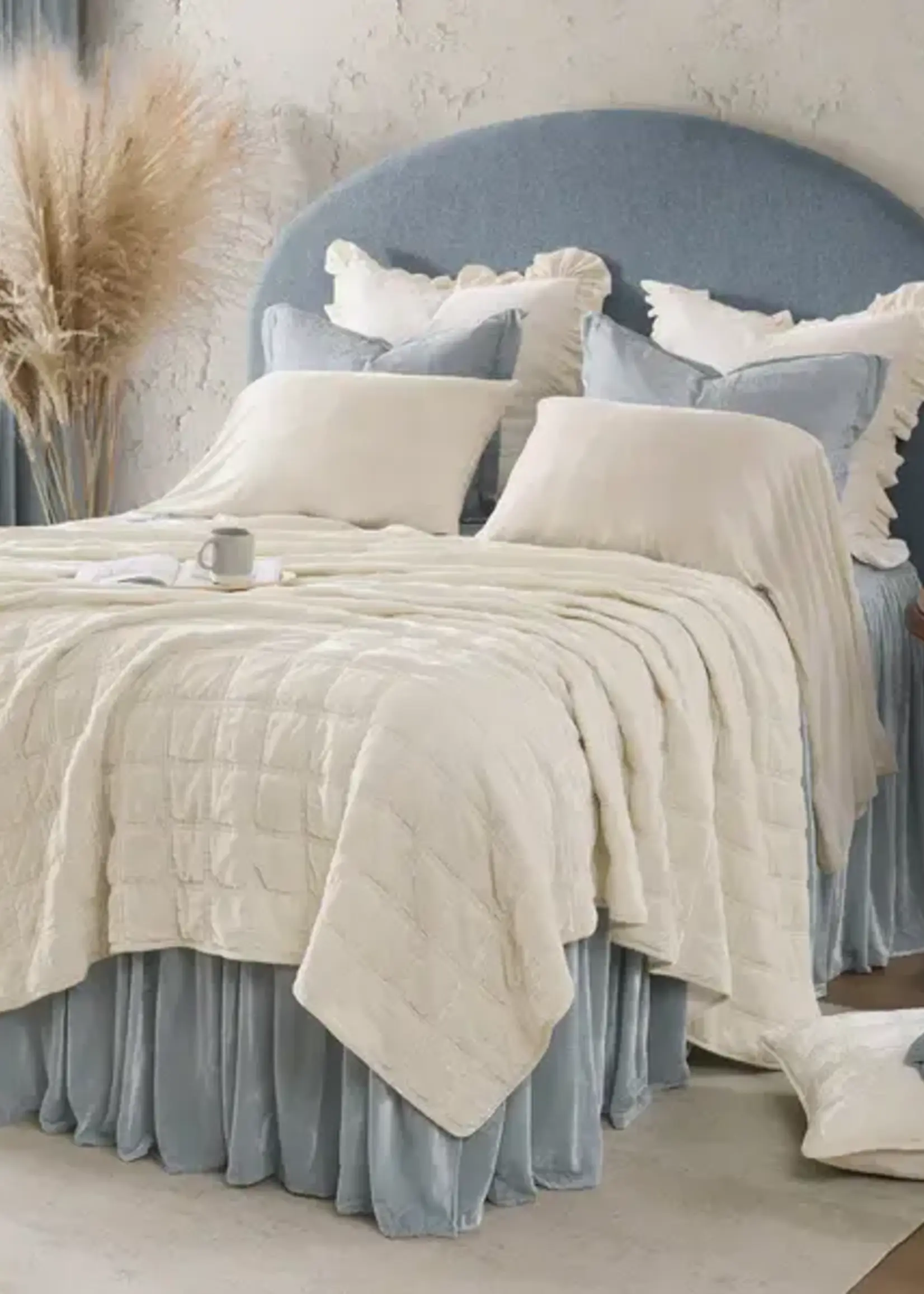 Hi End Accents Stella Faux Silk Velvet Double Box Stitch Quilt Set, Full/Queen, Stone, 3PC FB6600-QN-ST