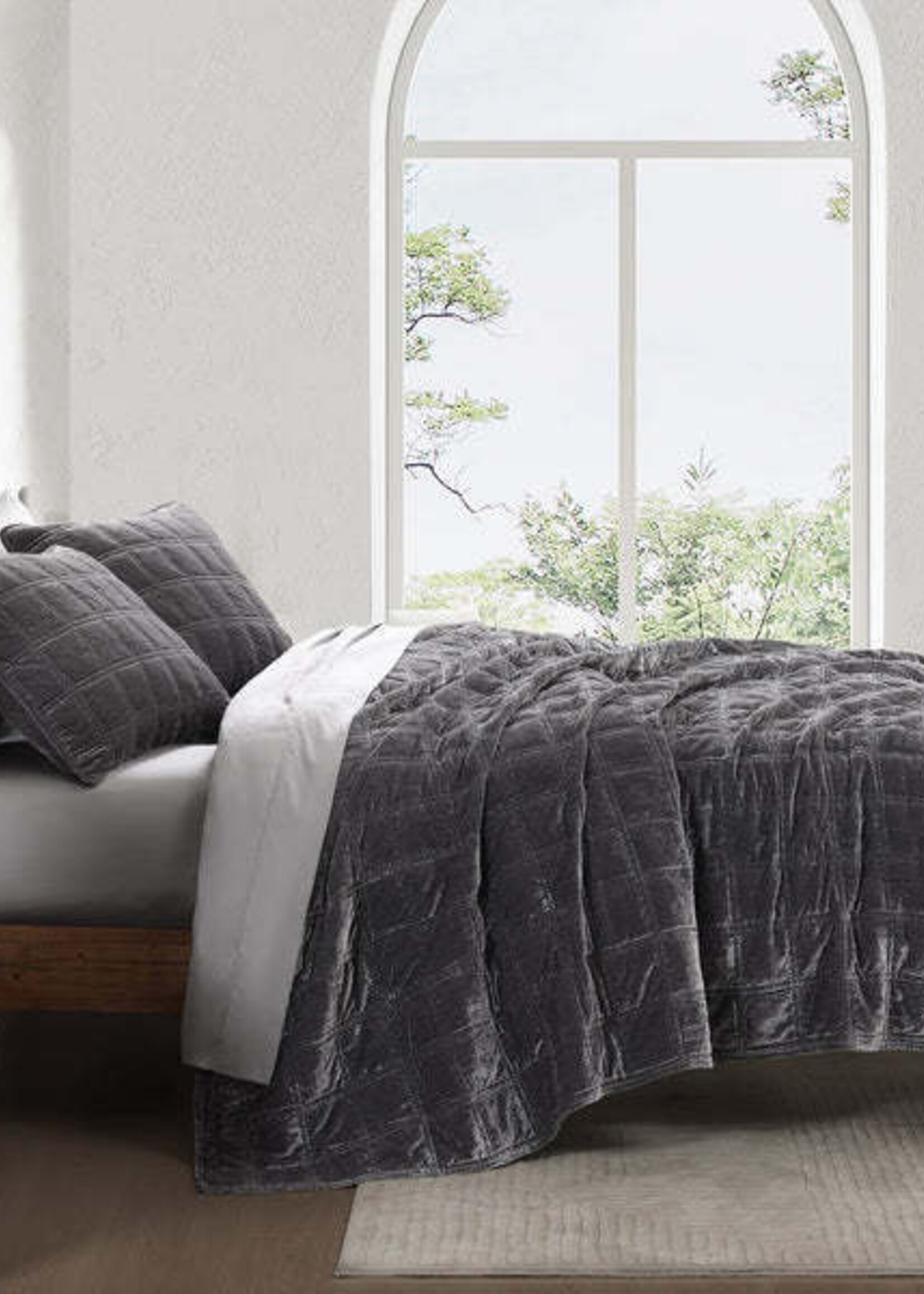 Hi End Accents Stella Faux Silk Velvet Double Box Stitch Quilt Set, Full/Queen, Slate, 3PC FB6600-QN-SL