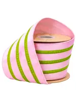 LA RIBBON 7021W-150- 100E  4" Wired Velvet Ribbon w/ Trim | Pink w/ Green Trim | 10 Yard Roll