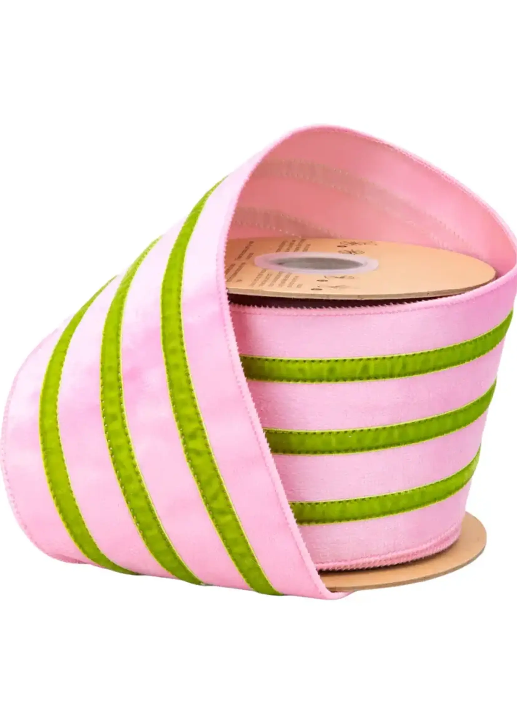 LA RIBBON 7021W-150- 100E  4" Wired Velvet Ribbon w/ Trim | Pink w/ Green Trim | 10 Yard Roll