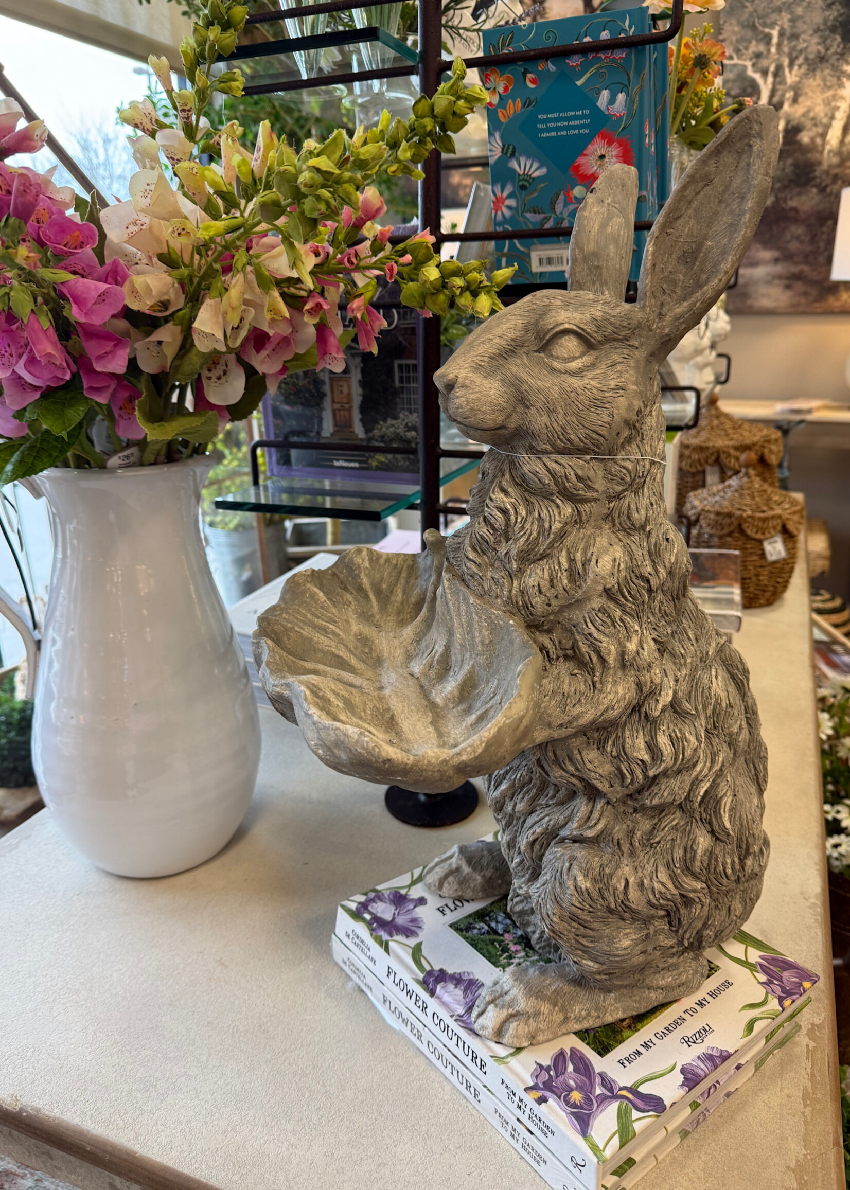 K&K 20412A   22.25 Inch Stone Garden Rabbit Holding Leaf Tray