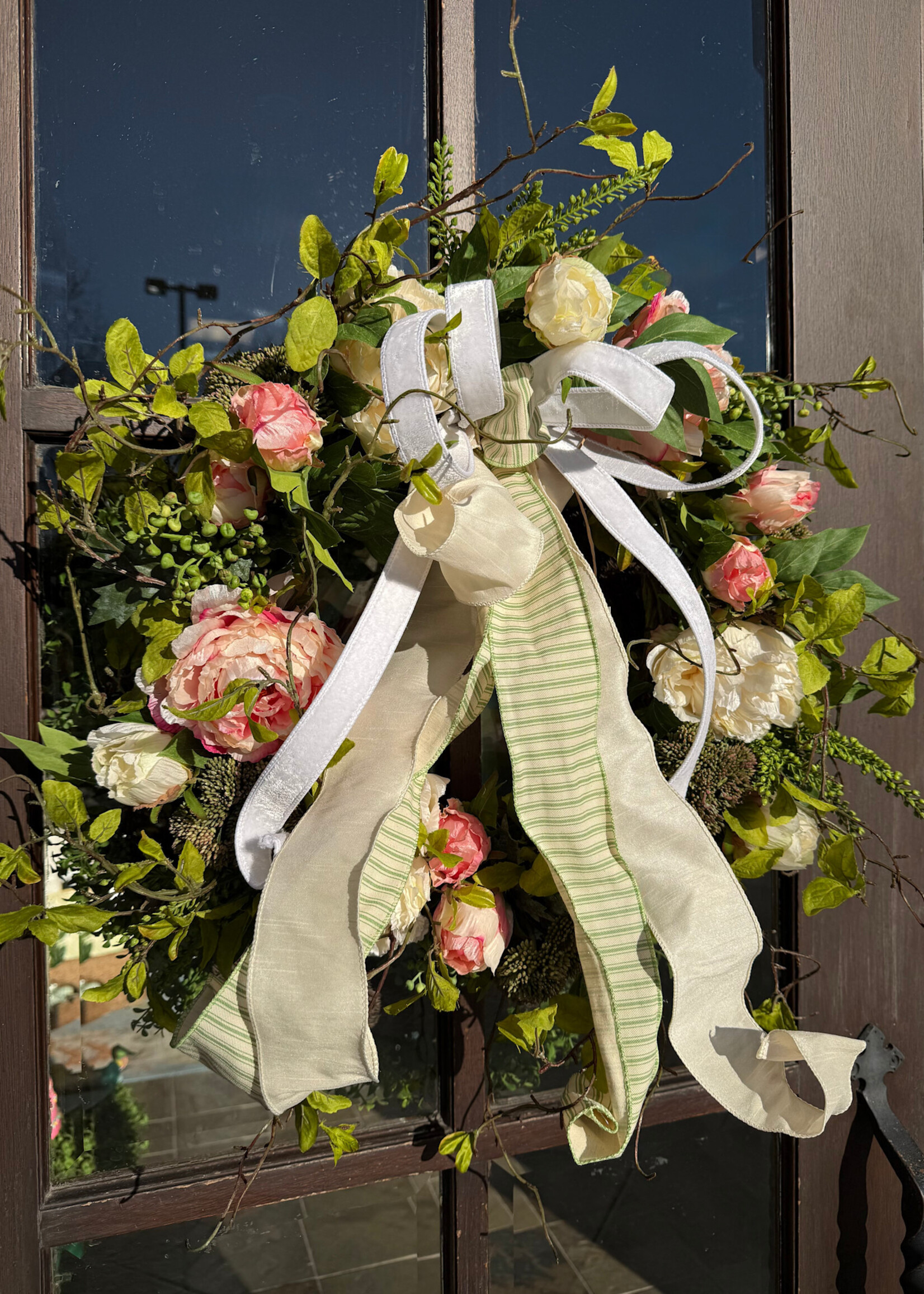 Custom Floral Hand Crafted Pink Floral Wreath with White, Ivory and Green Striped Bow
