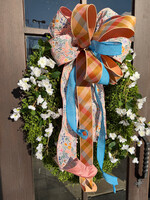 Custom Floral Hand Crafted Ova Green Wreath w/ White Floral and Bow